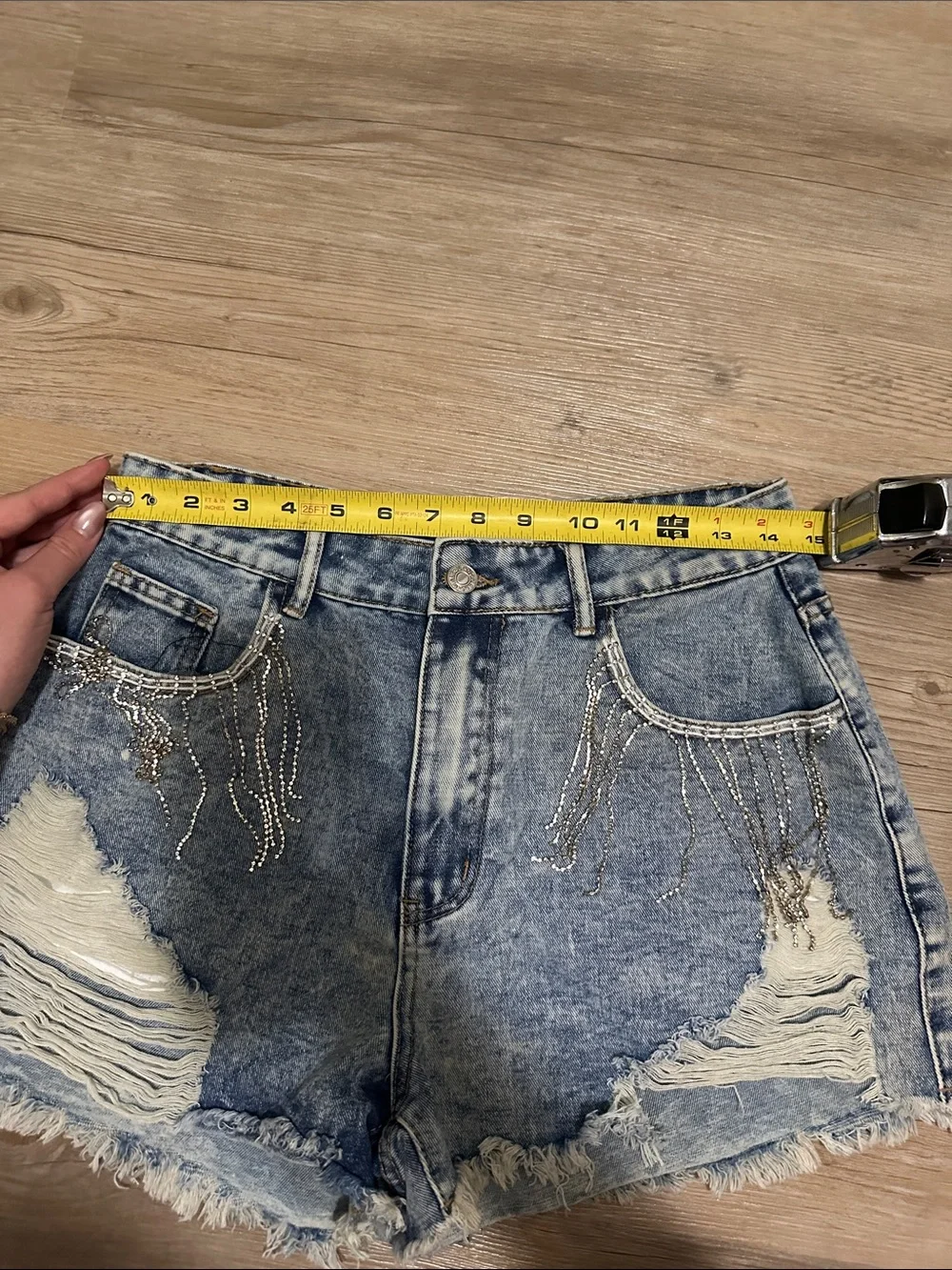 Rhinestone Fringe Distressed Denim Shorts - Blue